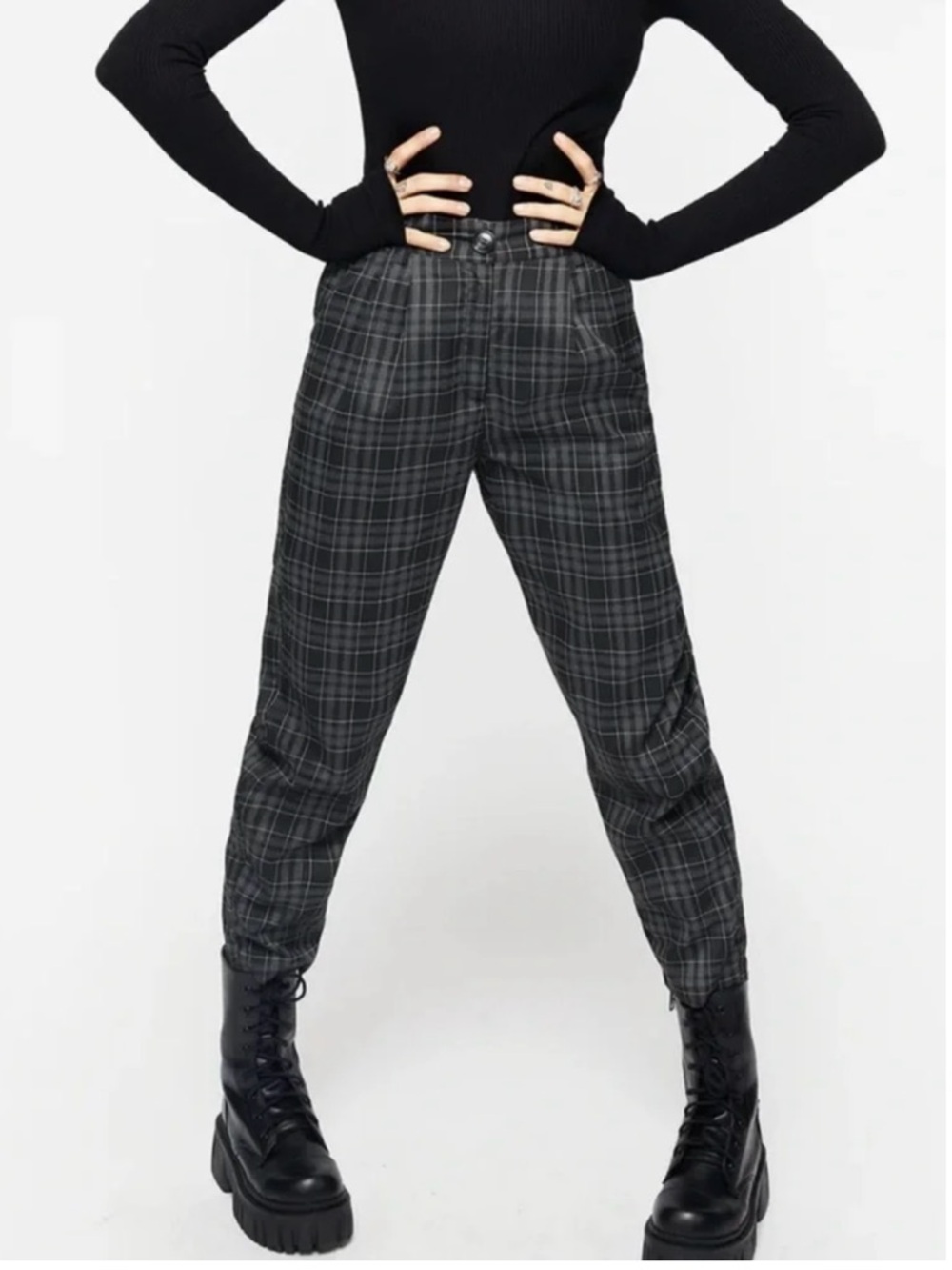 Disturbia Green and Black Plaid High-Waist Trousers - Picture 2 of 7